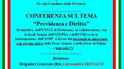 PORDENONE 11 GENNAIO 2019: INCONTRO SU PREVIDENZA E DIRITTO