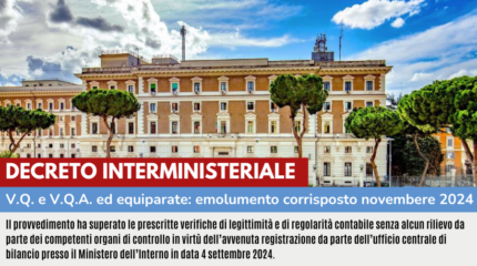 DECRETO INTERMINISTERIALE V.Q., V.Q.A. ED EQUIPARATE: EMOLUMENTO SARA' CORRISPOSTO NOVEMBRE 2024